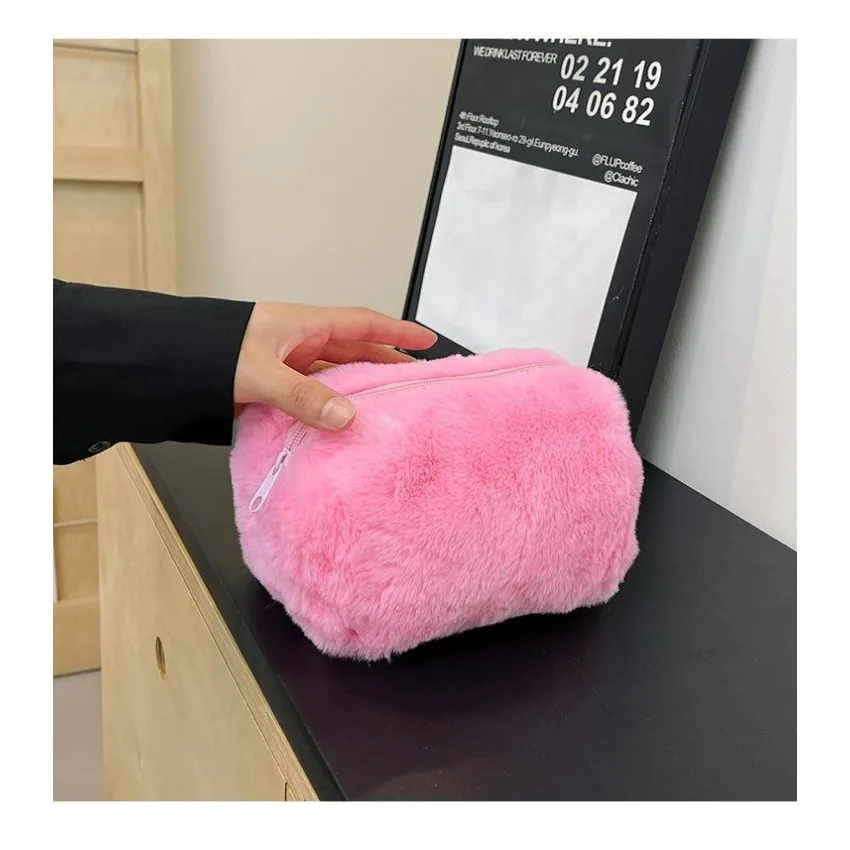 New 1 Pcs Plush Cosmetic Bag Pencil Girl Candy Color Hand Bag Banquet Party Lady Cosmetic Bag Makeup