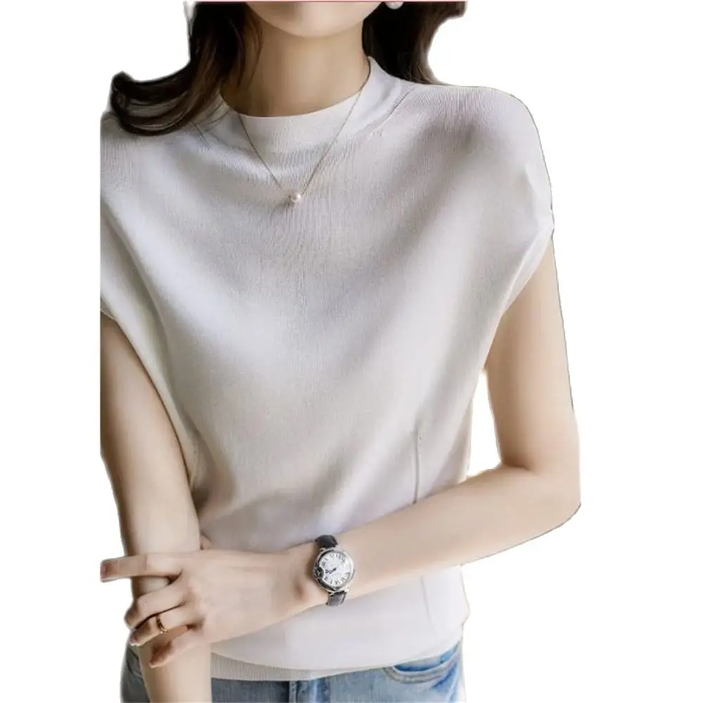 

Women's Half High Round Neck Knitted Pullover Vest Short-Sleeved Sweaters Loose Jumper Bottoming T-Shirt Summer New Fashion 2024