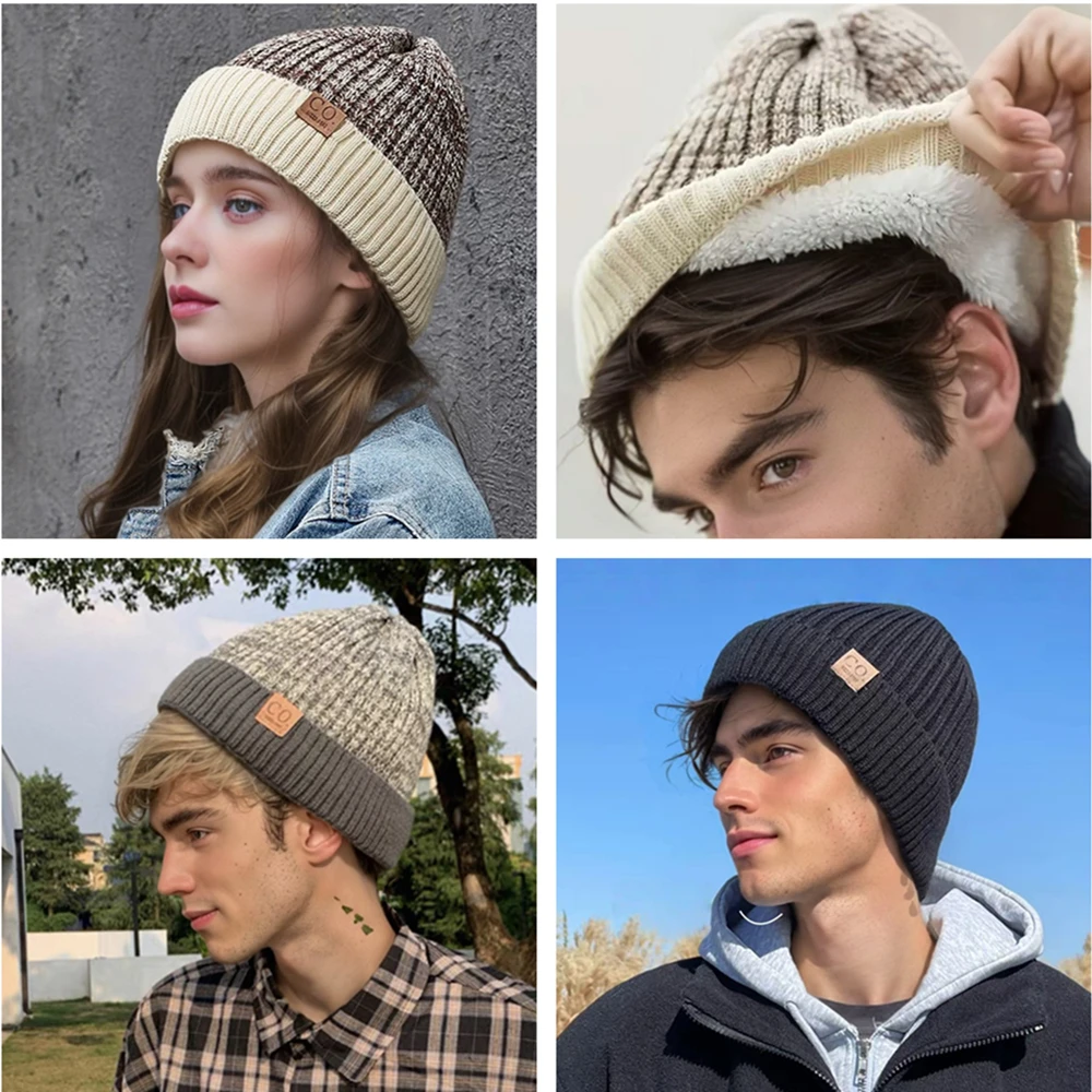 Hot Sale Unisex Color Mixing Winter Hat Plush Fur Lined Men And Women Chic Beanie Hats