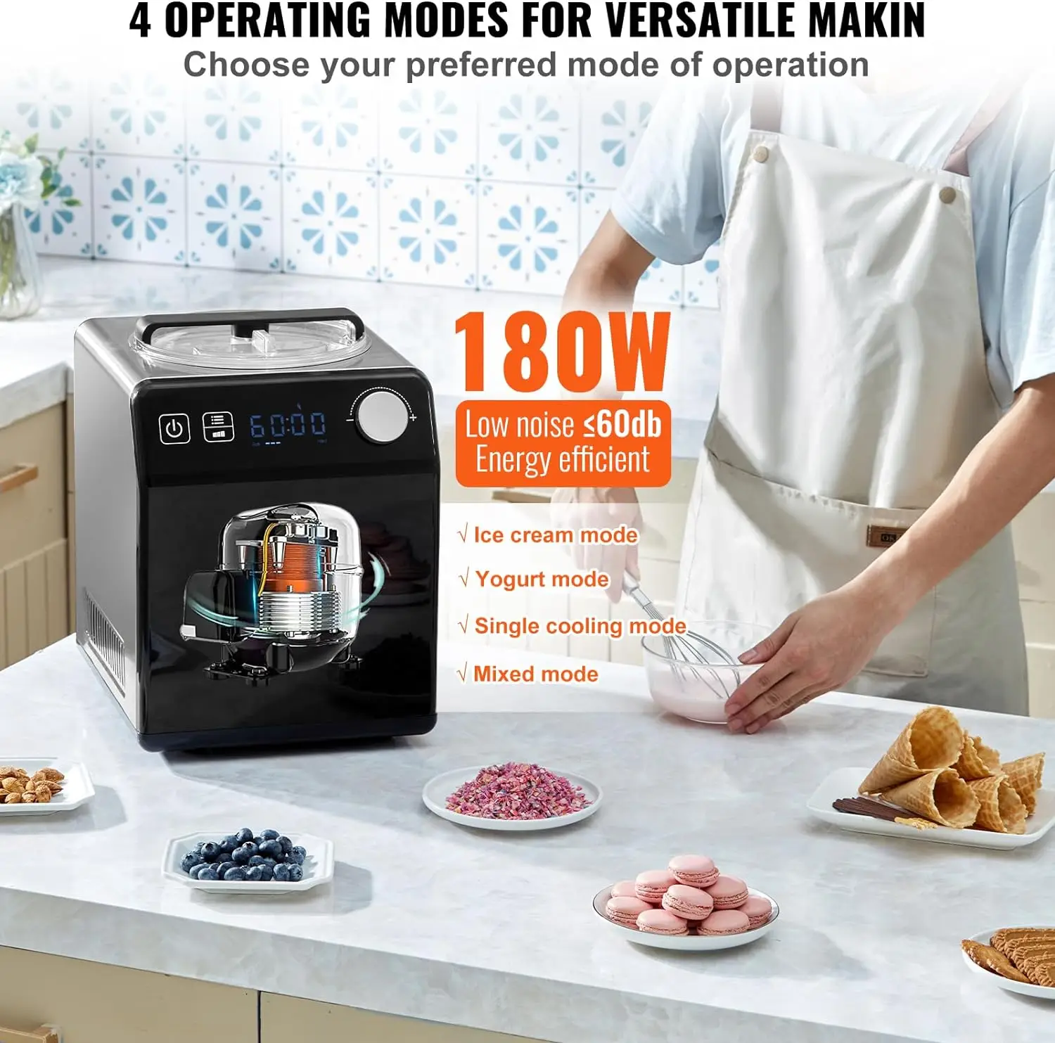 Automatic Ice Cream Maker with Built-in Compressor, 2 Quart No Pre-freezing Fruit Yogurt Machine, Stainless Steel