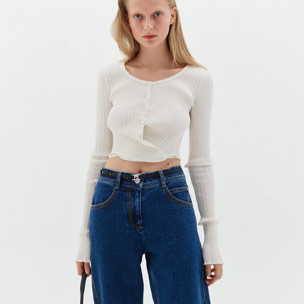 

2023 Spring/Summer New Women Cardigan Round Neck Full Sleeve Slim Fitting Short Lace Up Solid Knitted Cardigan