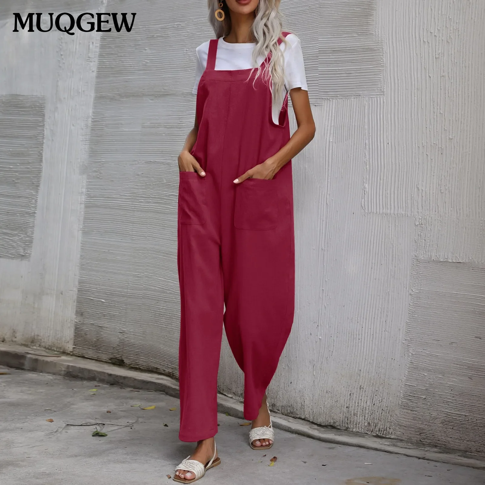 

Women's Solid Sleeveless Dungaree Casual Jumpsuit Overalls Bibs Loose Long Pants Back Button Loose Pocket Romper Plus Size