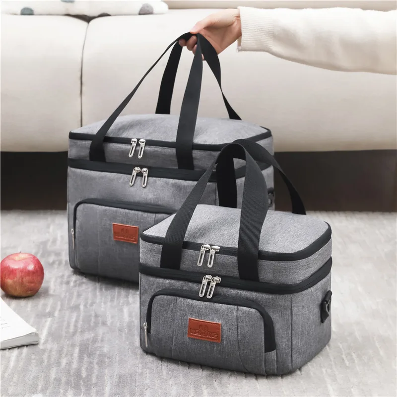 Large Capacity Portable Lunch Bag Double Layer Food Thermal Box Picnic Cooler Tote Insulated Shoulder Strap Storage Container