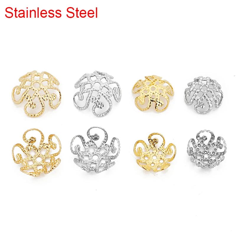 50pcs 8mm 10mm 스테인레스 스틸 엔드 비즈 모자 금속 골드 컬러 꽃 스페이서 비즈 귀걸이 목걸이 쥬얼리 결과 만들기
