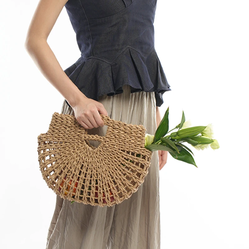 Vintage Half Round Wicker Straw Beach Handbags Women 2023 Summer Hollow Out Round Handle Woven Straw Bags High Quality Holiday