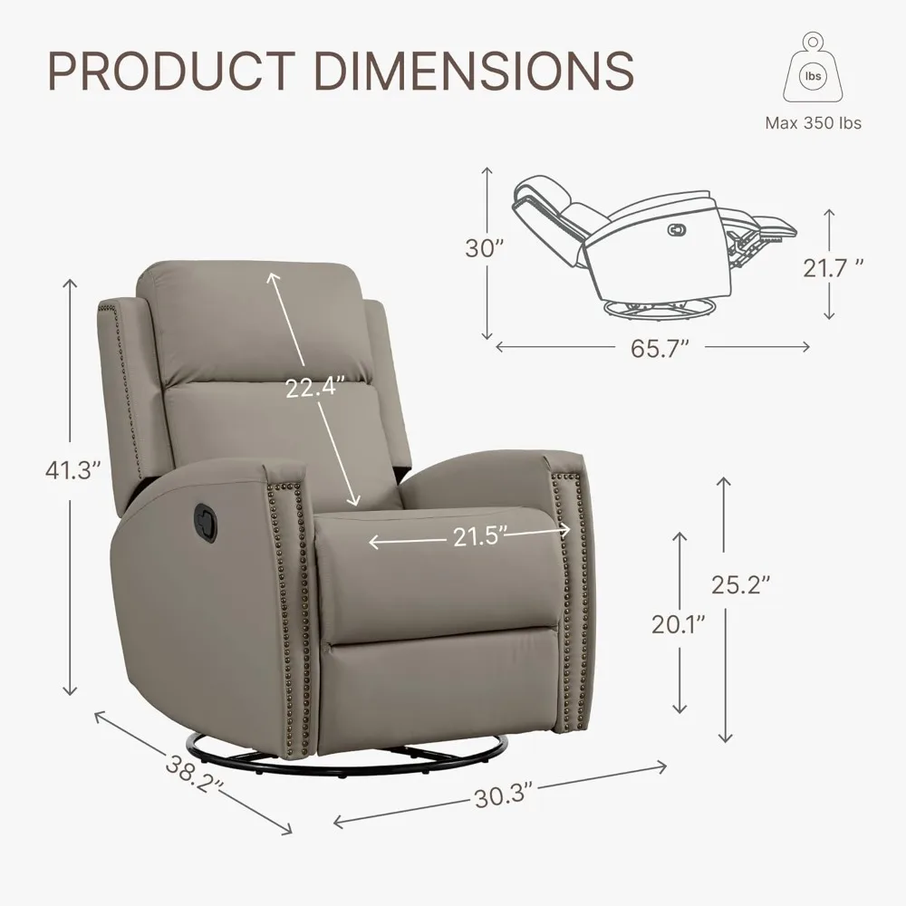 Leather Recliner Chair Swivel Rocker Manual Single Sofa with Rivet Decoration for Living Room Bedroom Home Theater Seating, Gray
