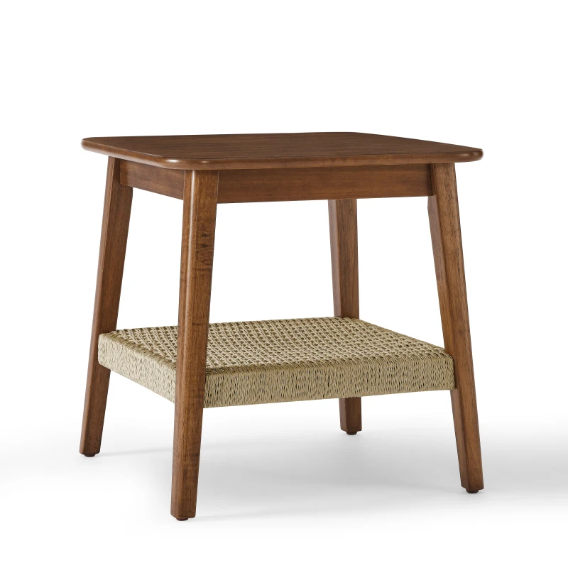 Mid-Century Side Table with Woven Shelf, Boho Side Table with Storage, Small Side Table for Living Room Couch Bedroom Patio 6