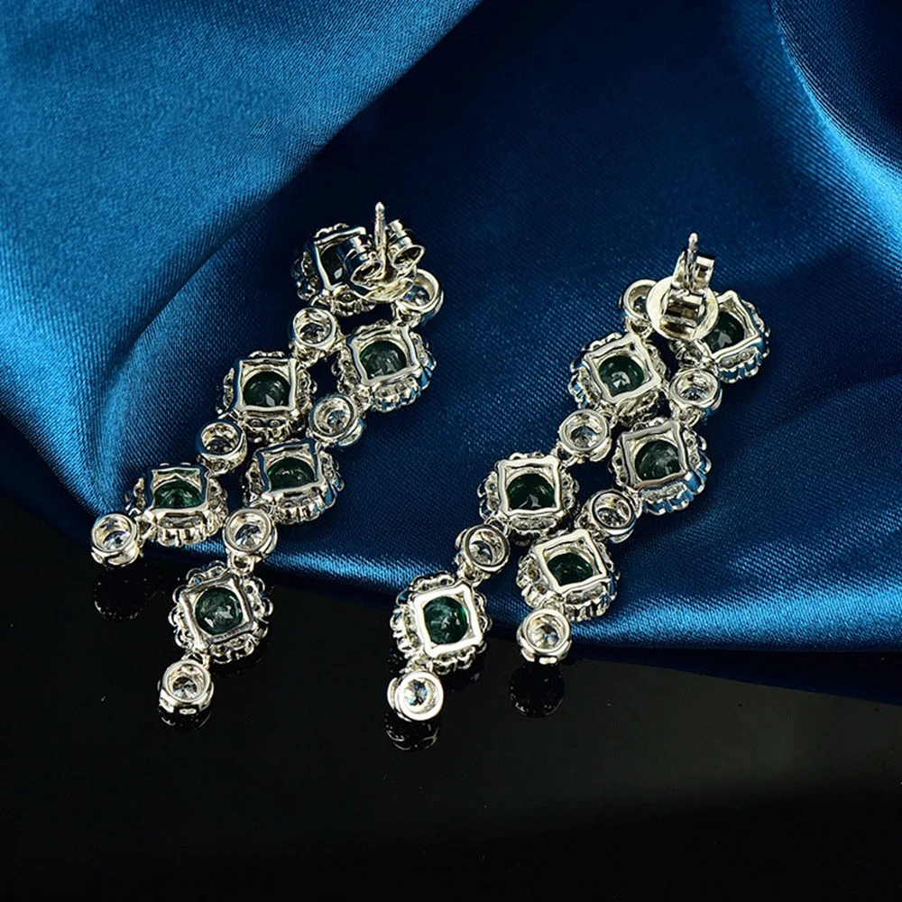 Wong Rain 925 Sterling srebrny okrągły szmaragdowy wysokowęglowy diament kamień podwójny rząd frędzle wiszące kolczyki dla kobiet biżuteria