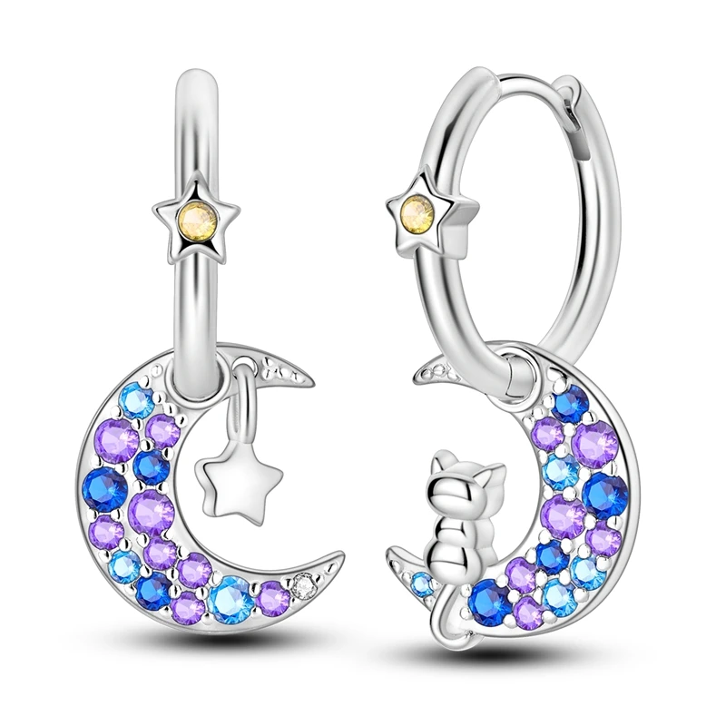 Colorful Zirconia-Embellished Feather and Butterfly Hoop Earrings in 925 Silver