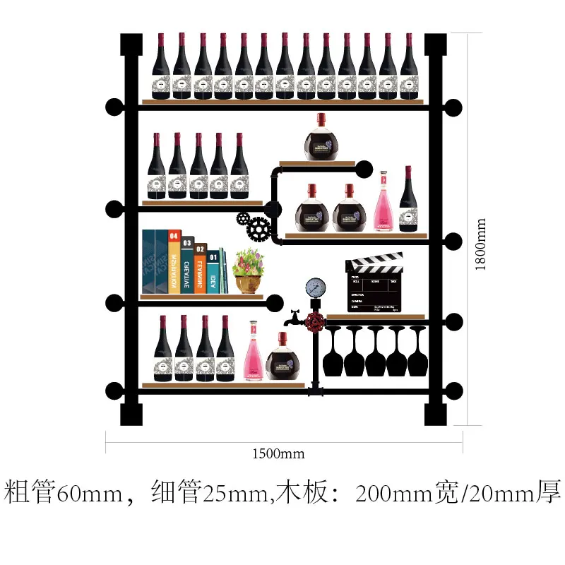 Iron Pipe and Wood Board Assembly Artistic Wine Rack Set Display rack Wall Mounted Shelves for Glassware Bookshelf