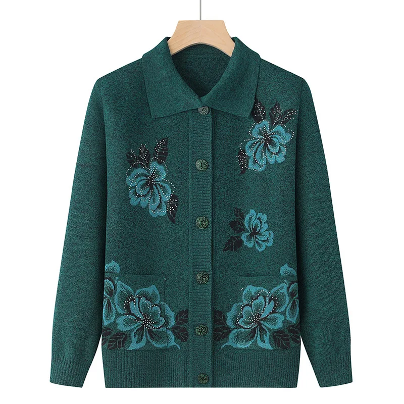Women's Clothing Spring Autumn Middle Aged Mother Sweaters Coat Retro Printed Cardigan Top Long Sleeve Woolen Ladies Jacket
