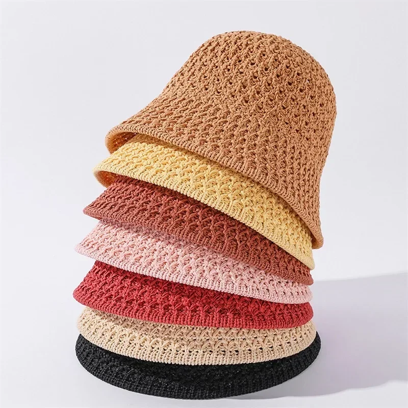 Women Bucket Hat Designer Wide Brim Summer Straw Woven Sun Visor Hats Hollow Striped BeachHat