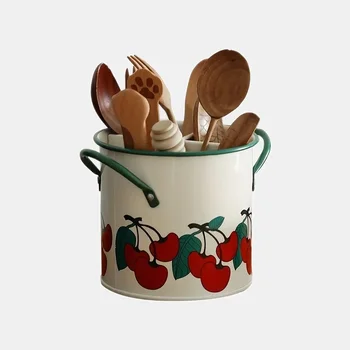 Vintage Cherry Tableware Bucket Household Kitchen Chopsticks Cage Knife And Fork Storage Bucket Creative