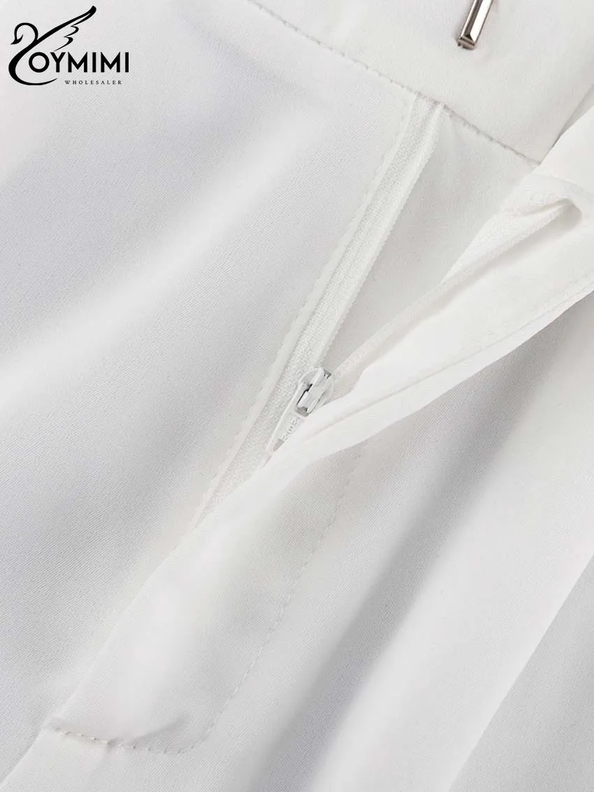 Oymimi Elegant White Sets For Women 2 Pieces Fashion Long Sleeve Button Pockets Shirts And Simple Straight Trousers Female Sets