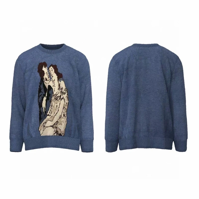 

23SS Vintage Blue Jacquard ERD Sweater Men Women 1:1 Top Version Sweaters Portrait Knit Sweatshirts Grunge Clothes