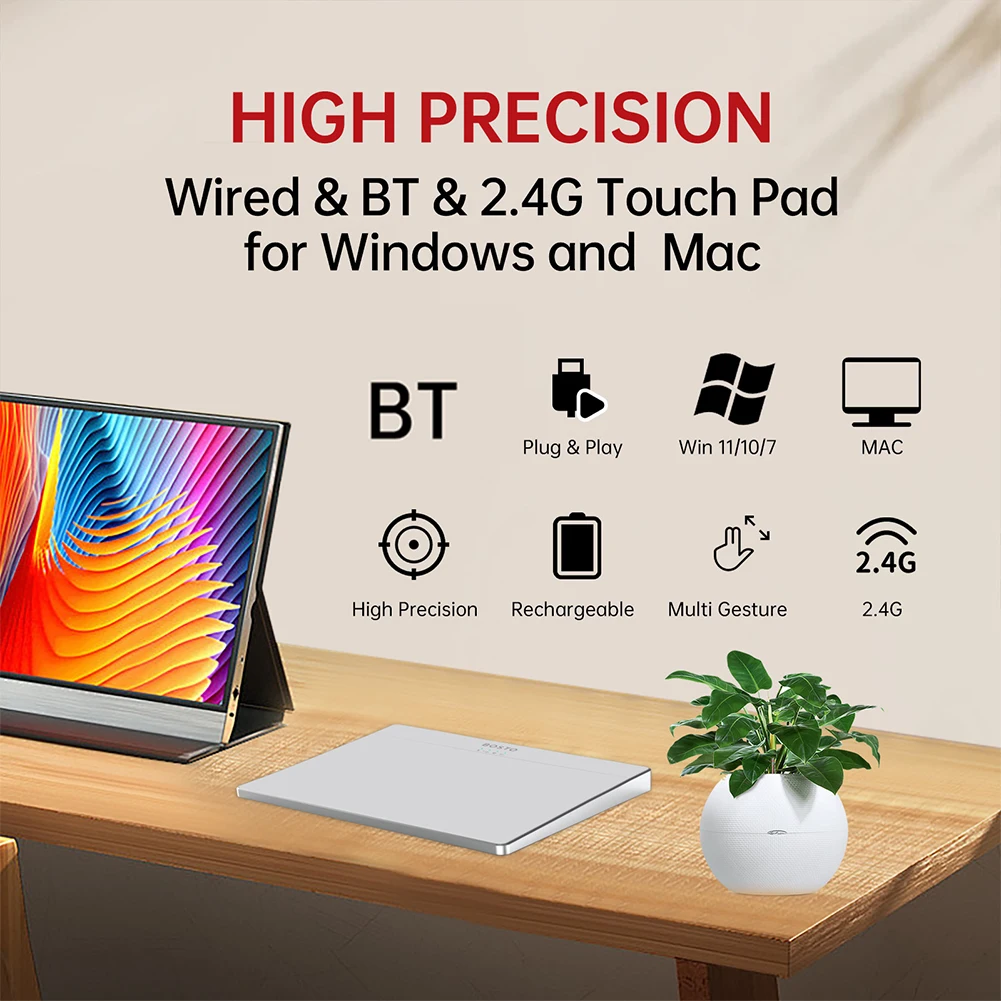 Bluetooth-Compatible Touchpad Multi-Gesture Portable Track Pad Type-C Rechargeable Ergonomic Trackpad Mouse for Laptop iPad Mac