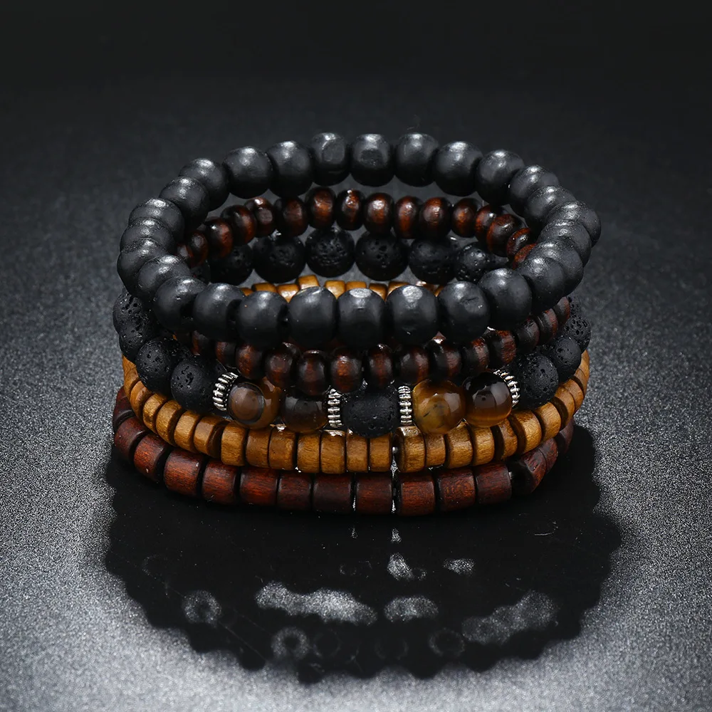 

5Pcs/Set Retro Boho Wood Beaded Bracelet For Men Women Bead Multilayer Set DIY Natural Stone Tiger Eye Stone Bracelet Jewelry
