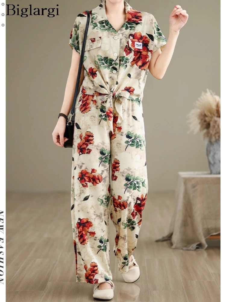 

Женский брючный костюм из 2 предметов, Повседневная Свободная плиссированная рубашка с цветочным принтом и высокой талией, с эластичным поясом, комплект большого размера из 2 предметов на лето