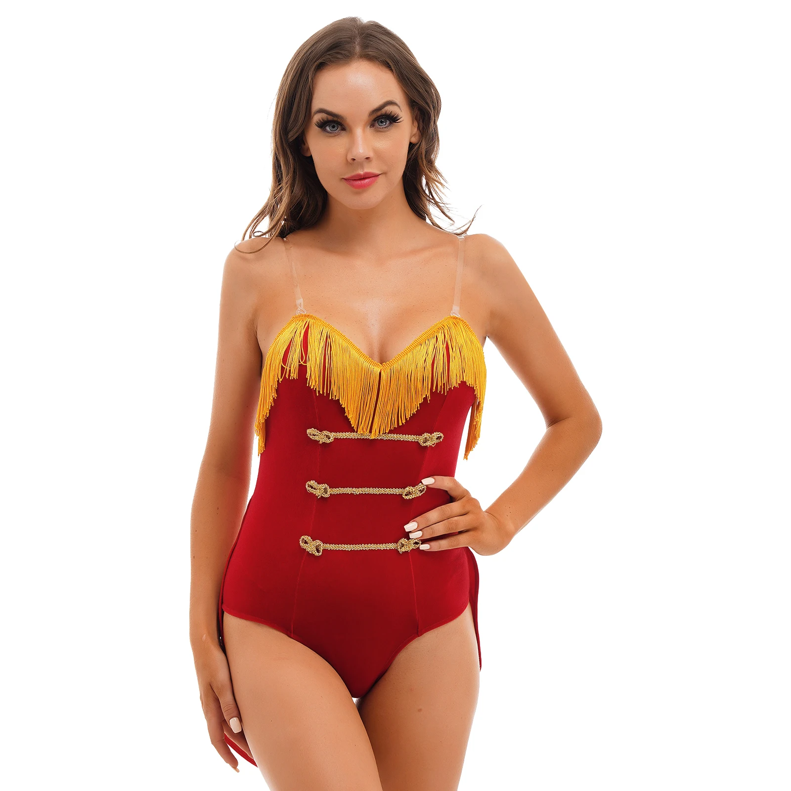 

Women Halloween Role Play Cosplay Costumes Fringed Low Cut Velvet Bodysuit Transparent Adjustable Straps Leotards Fancy Dress Up