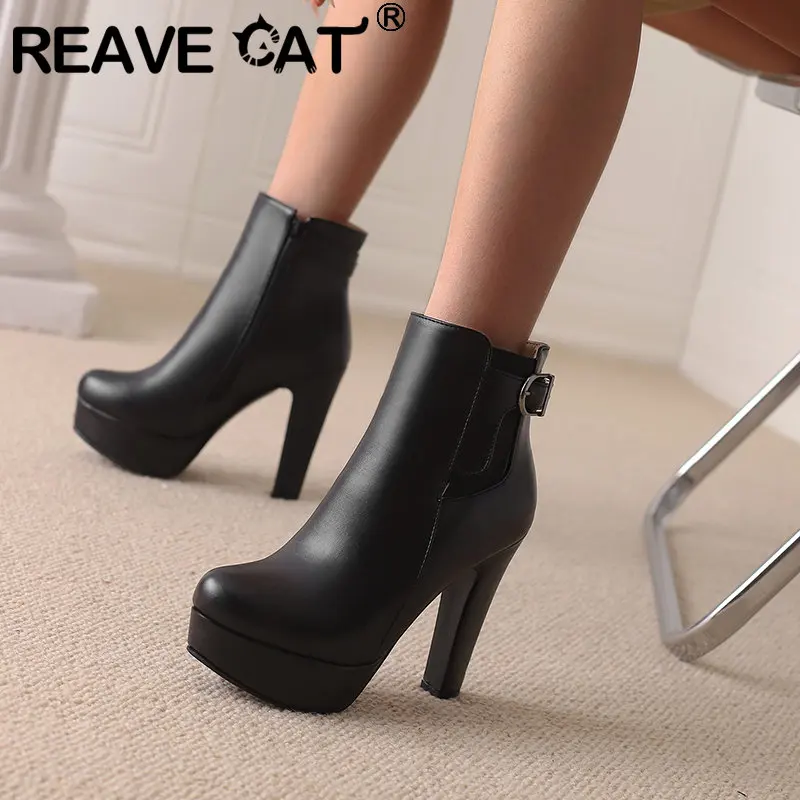 

REAVE CAT Brand Women Ankle Boots Round Toe Block Heel 12cm Platform 2.5cm Zipper Belt Buckle Big Size 48 49 50 Sexy Party Booty