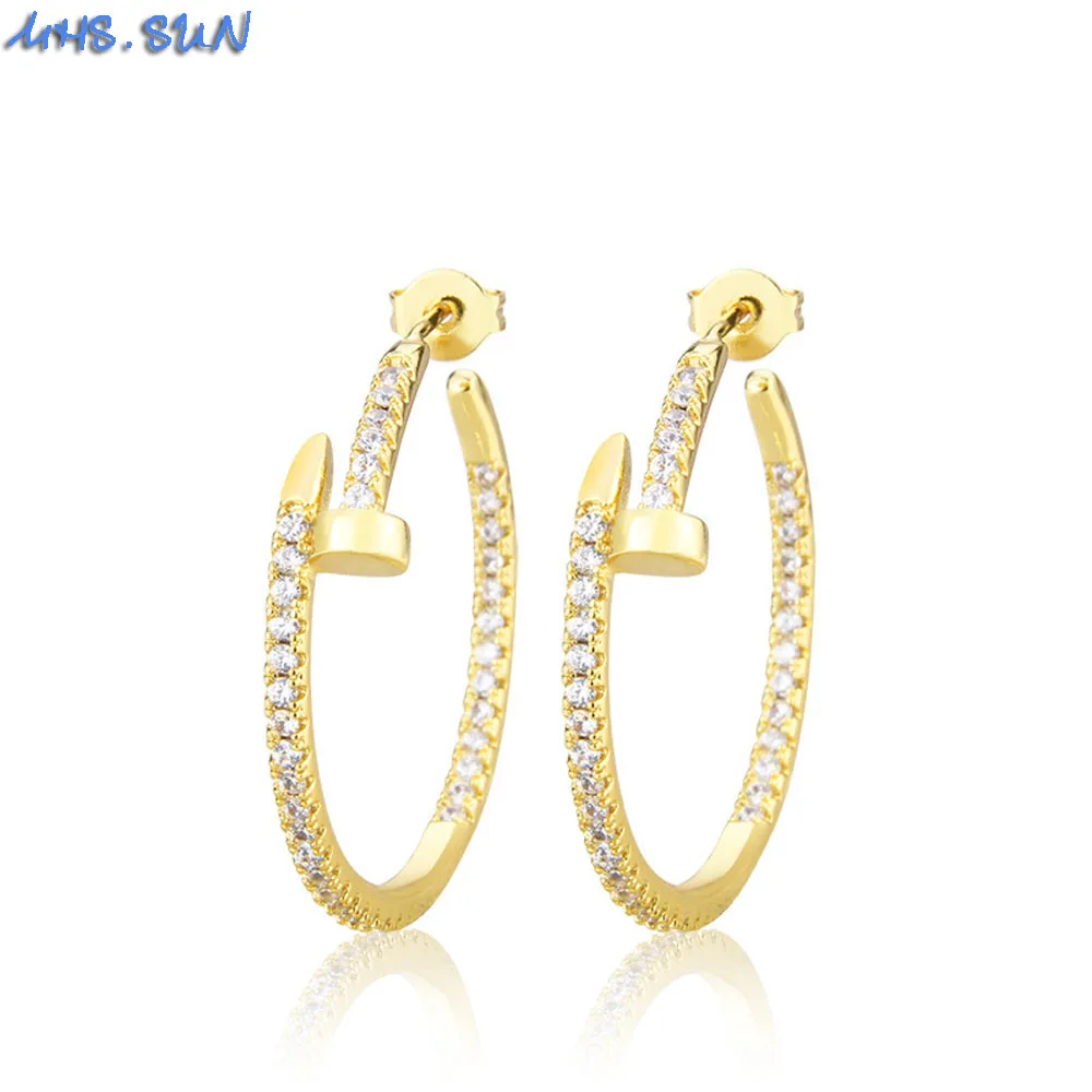 

MHS.SUN Fashion Zircon Hoop Earrings Nail Shape Gold/Silver Color Loop Earrings For Women Girls AAA CZ Jewelry