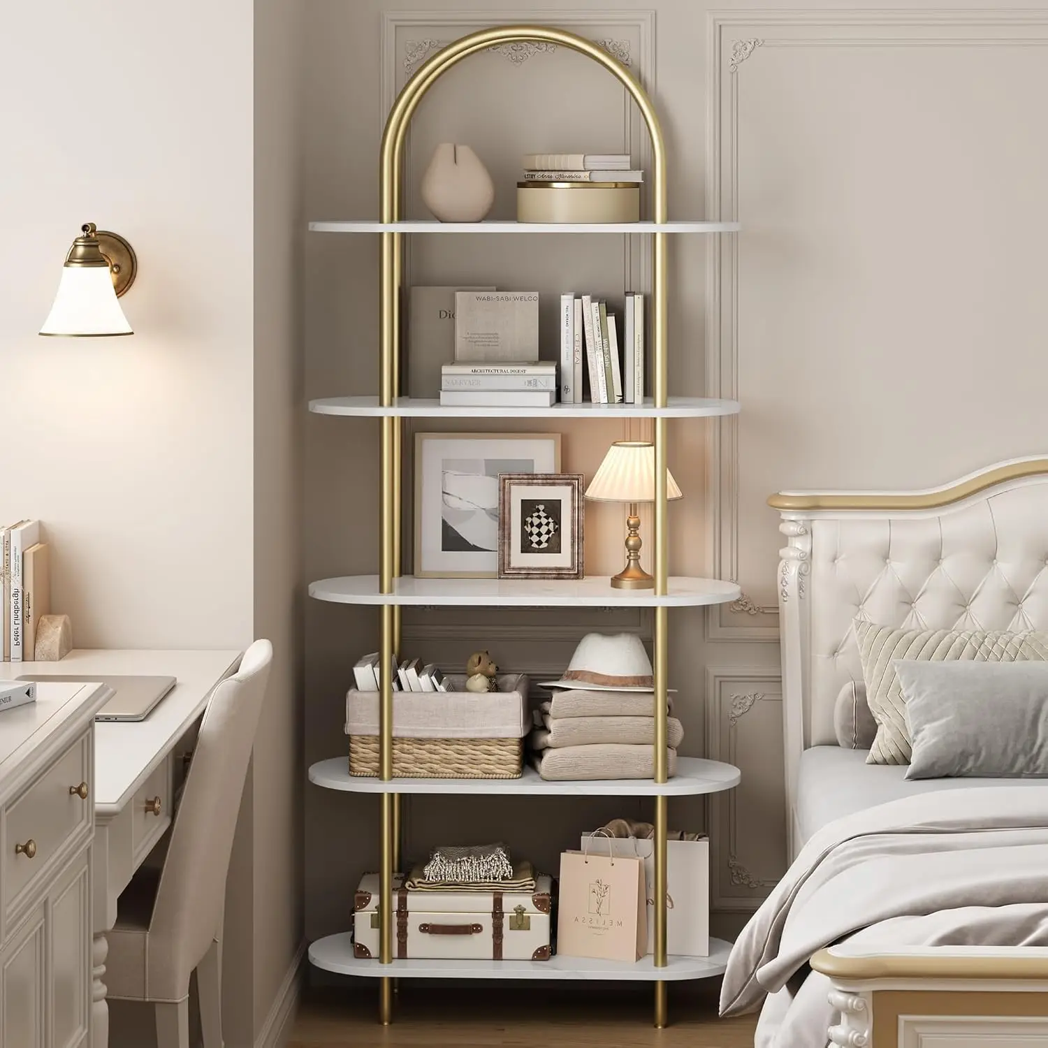 5-stufiges gewölbtes Bücherregal, 180 cm hohes industrielles offenes Bücherregal, Bücherregal aus Holz mit Metallrahmen für Schlafzimmer, Wohnzimmer, Heimbüro – Detail 7