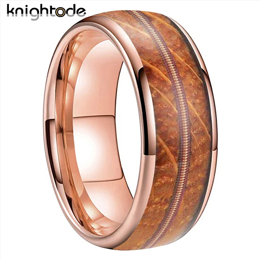 

8mm Guitar String Rings Tungsten Carbide Wedding Band For Men Women Whisky Barrel Oak Wood Inlay Dome Polished Shiny Comfort Fit