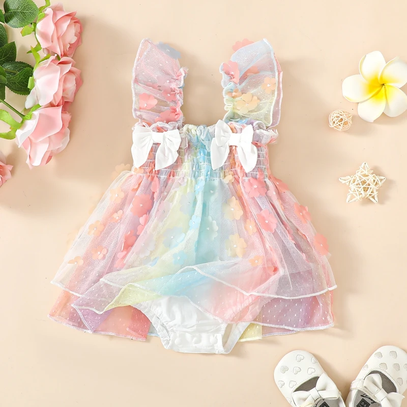 

Endorothii Baby Girls Floral Tulle Fairy Romper Dresses Sleeveless Ruched Summer Casual Sisters Matching Outfits