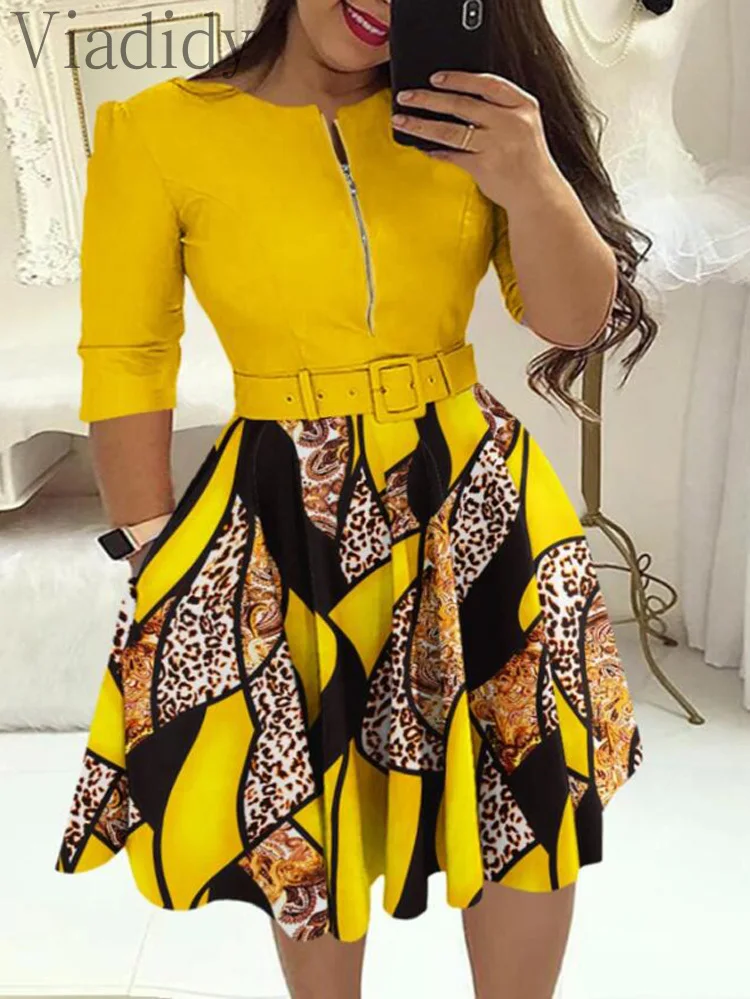 

Women Elegant Casual Leopard Print Colorblock Casual Dress With Belt