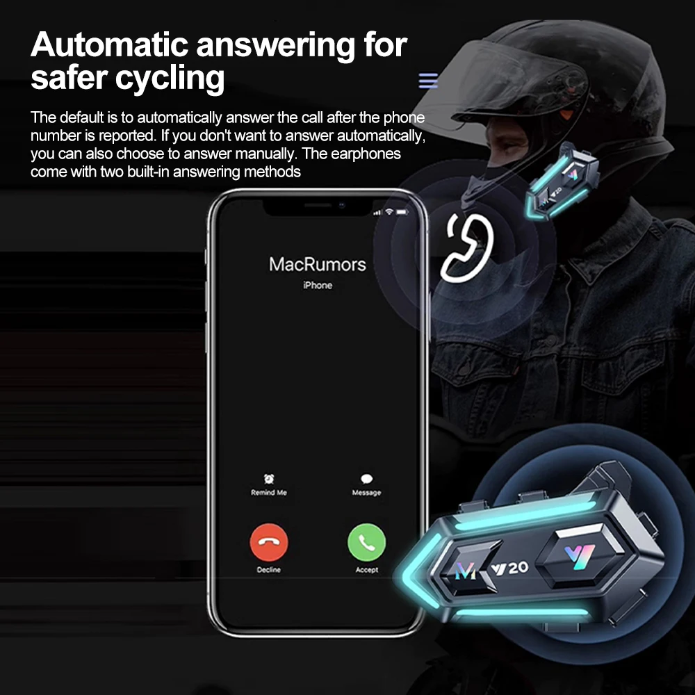 Motorcycle Bluetooth Helmet Headset V5.3 RGB Colorful Lights Earphone Waterproof Earphone Support Connecting 2 Phones Same Time