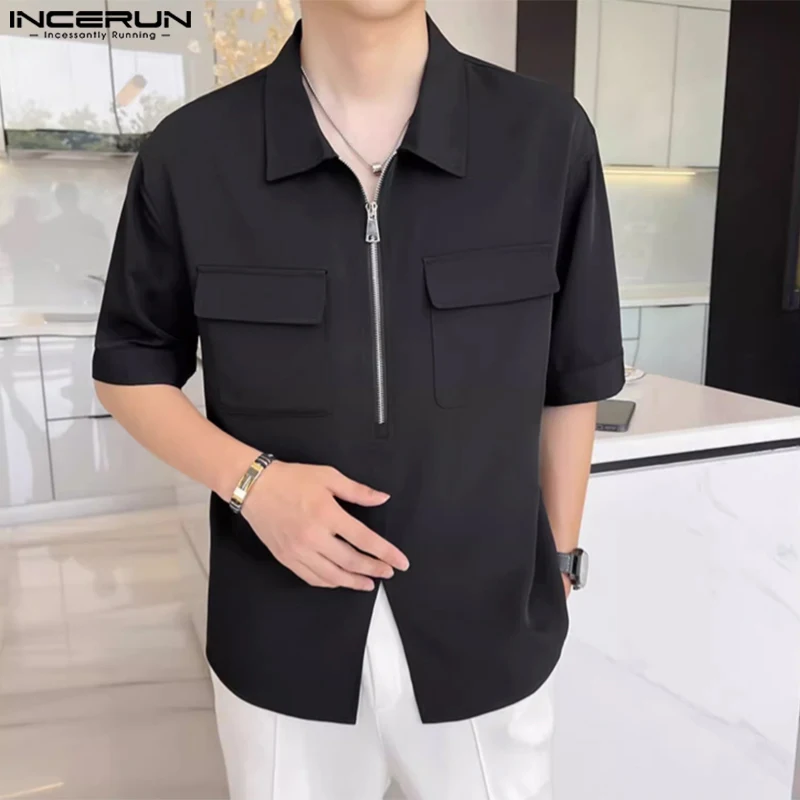 

Handsome Well Fitting Tops INCERUN New Mens Half Zip Lapel Pocket Shirts Casual Streetwear Solid Short Sleeve Lapel Blouse S-5XL