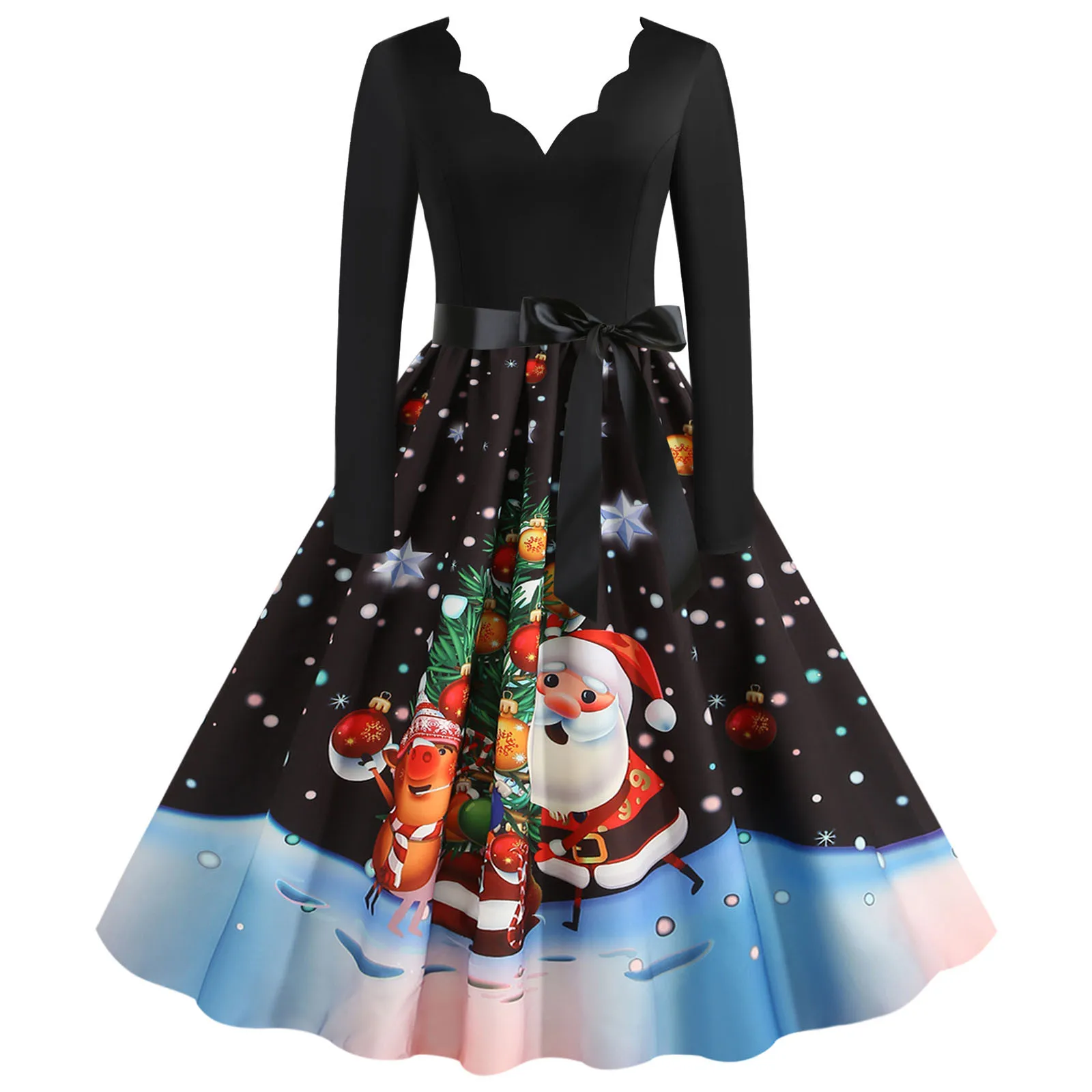 

Ladies Dresses Vintage Long Sleeve V Neck Christmas 1950s Housewife Cloth Evening Party Prom Dresses Adults Party Vestidos