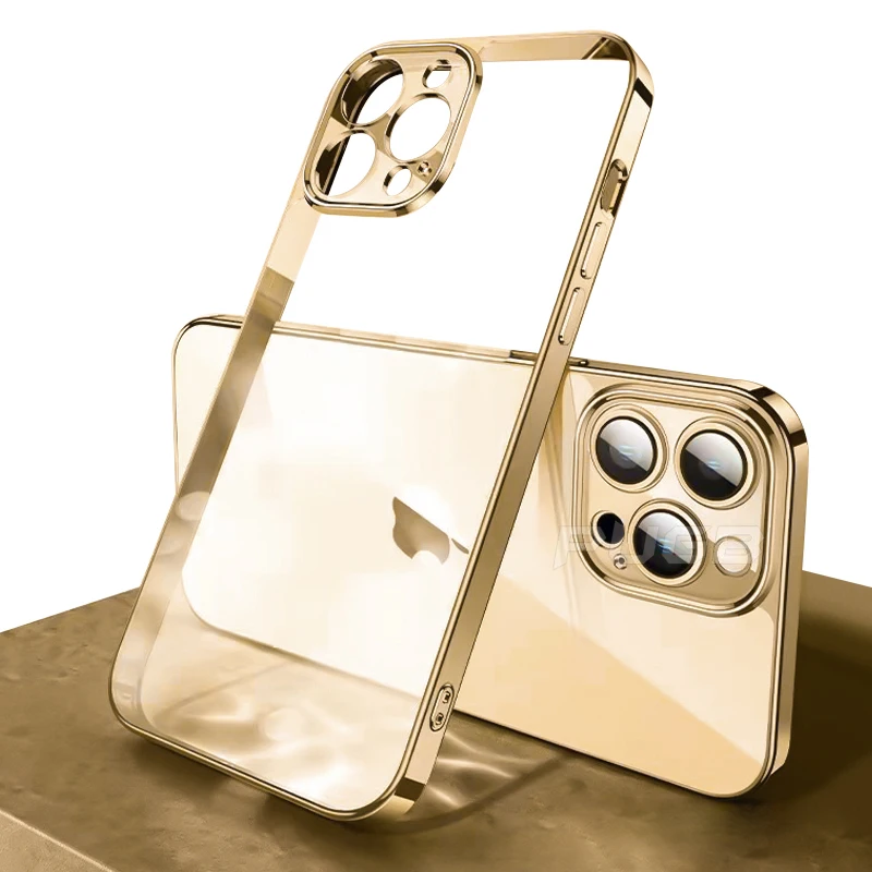 Luxury Soft Silicone Case for iPhone 13 12 11 Pro Max mini XR X XS Plating Square Frame Shockproof camera protect Clear TPU case