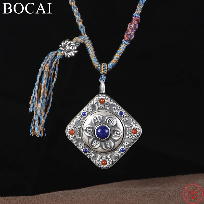 

BOCAI S925 Sterling Silver Necklace Pendants for Women Men New Fashion Six Character Mantra Colorful Rope Chain Free Shipping