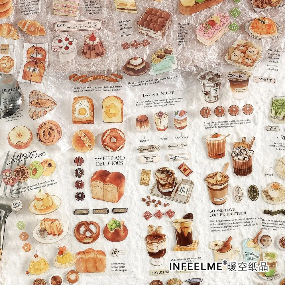 3 Sheets/pack Bread Ice Cream And Coffee Stickers Yummy Food Transparent PET Stickers for Scrapbooking Embellishments