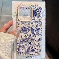 Blue Retro Floral Bird Pattern Soft Phone Case with Lychee Texture - iPhone 15 Plus (White - YYDSW4769)