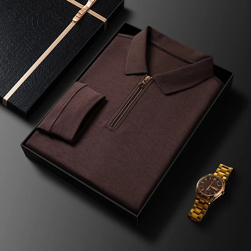 Camiseta de manga larga de lana con cuello con cremallera, informal, de negocios, para primavera y otoño, para hombres de mediana edad, de color sólido, antiarrugas