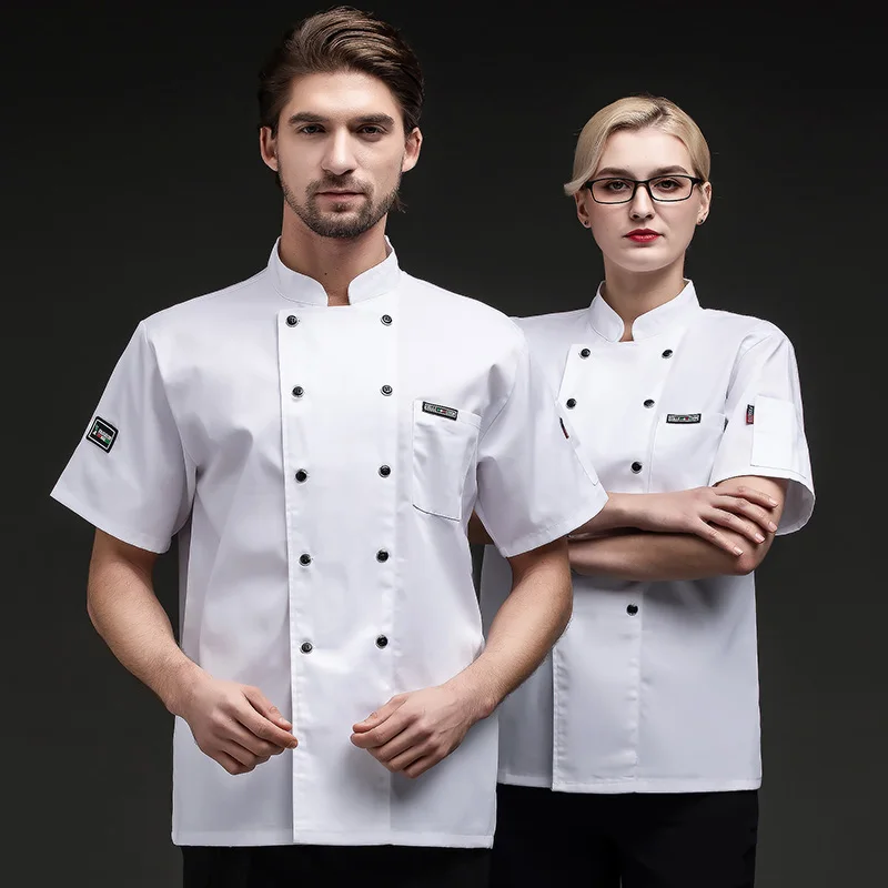 

white Chef Jacket Short Sleeves Restaurant Uniform Men Kitchen Catering Cook Coat Double Breasted black and white chef outfit