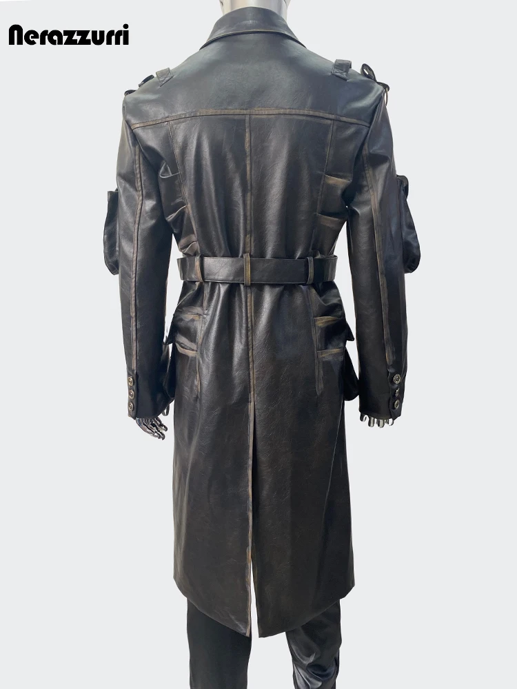 Nerazzurri Spring Autumn Cool Long Waterproof Distressed Black Pu Leather Trench Coat Men Belt Pockets Luxury Designer Clothes 4