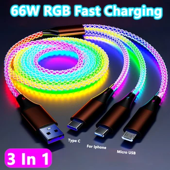 아이폰 샤오미 삼성 차량용 충전 코드, RGB 라이트 C 타입 케이블, USB 조명 케이블, 고속 충전 전화 케이블, 3 in 1, 66W, 6A