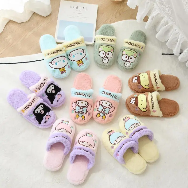 

Шлепанцы Sanrio Cinnamoroll My Melody плюшевые, теплые зимние комнатные тапочки, плоская подошва, повседневная Нескользящая домашняя обувь для девушек