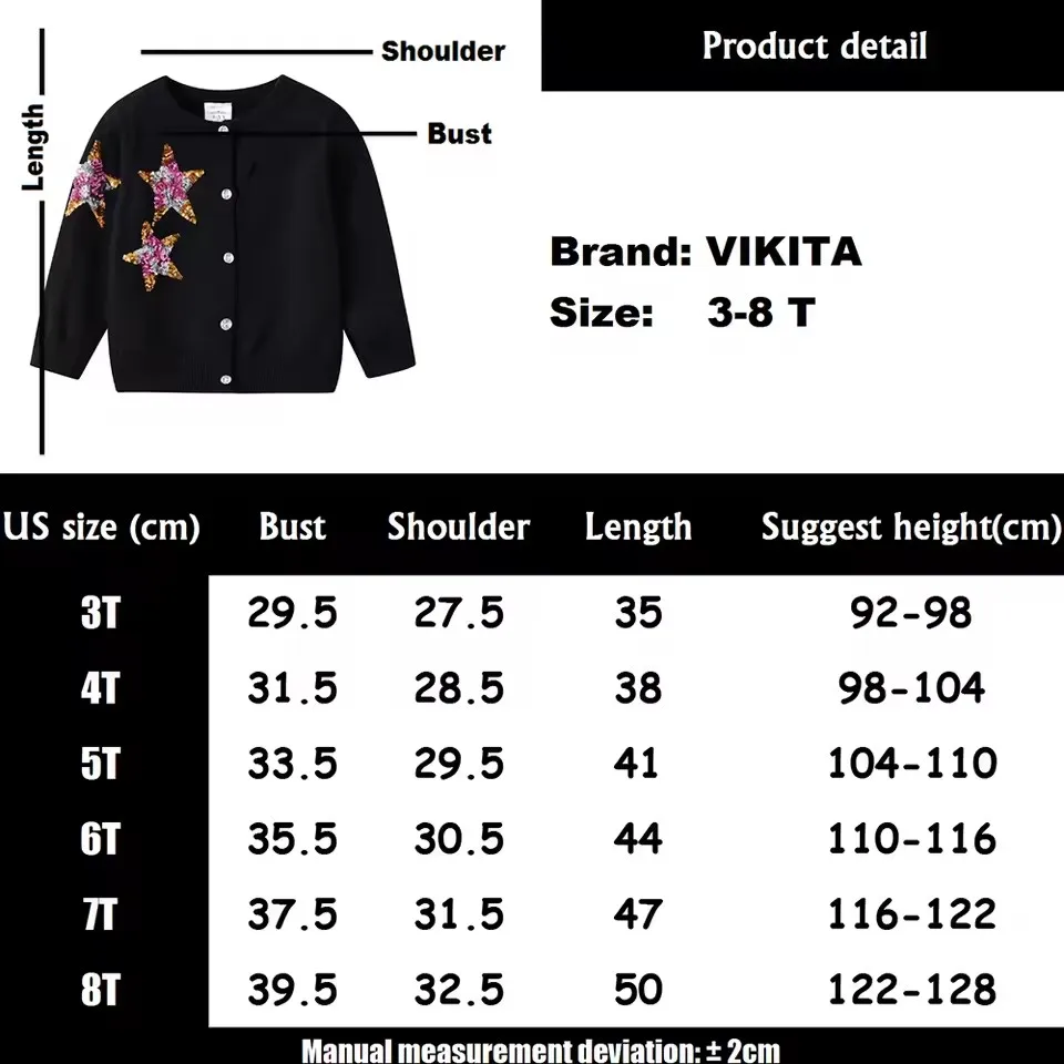 VIKITA 용 스팽글 아플리케 가을 봄 가디건 키즈 버튼 의상 소녀 캐주얼 학교 데일리 스트리트 패션 스웨터