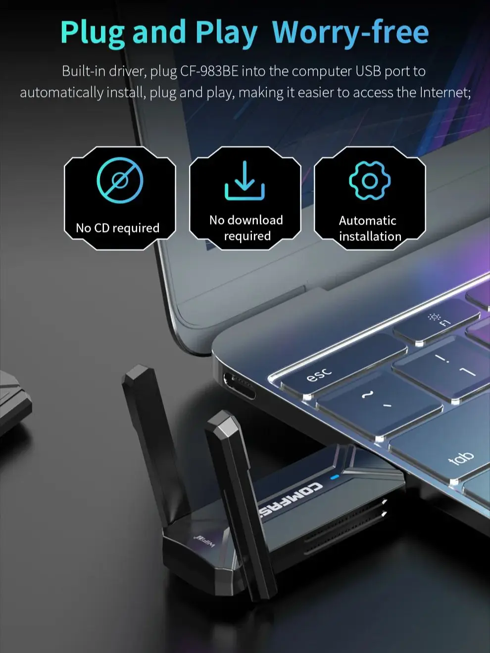 컴패스트 USB 와이파이 7 기가비트 네트워크 카드 6500Mbps USB 와이파이 어댑터 2.4G/5.8G/6GHz 드라이버 프리 와이파이 동글 PC용 윈도우10/11