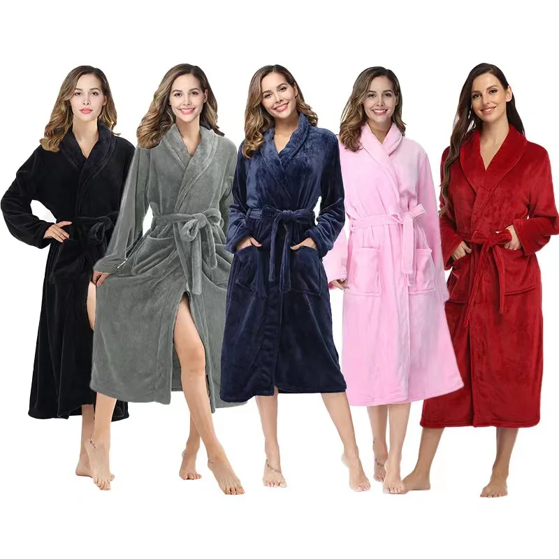 Women Bathrobe, Autumn and Winter Thick Thermal Pajamas, Comfortable Flannel Homewear, Lapel Lengthened Nightgown