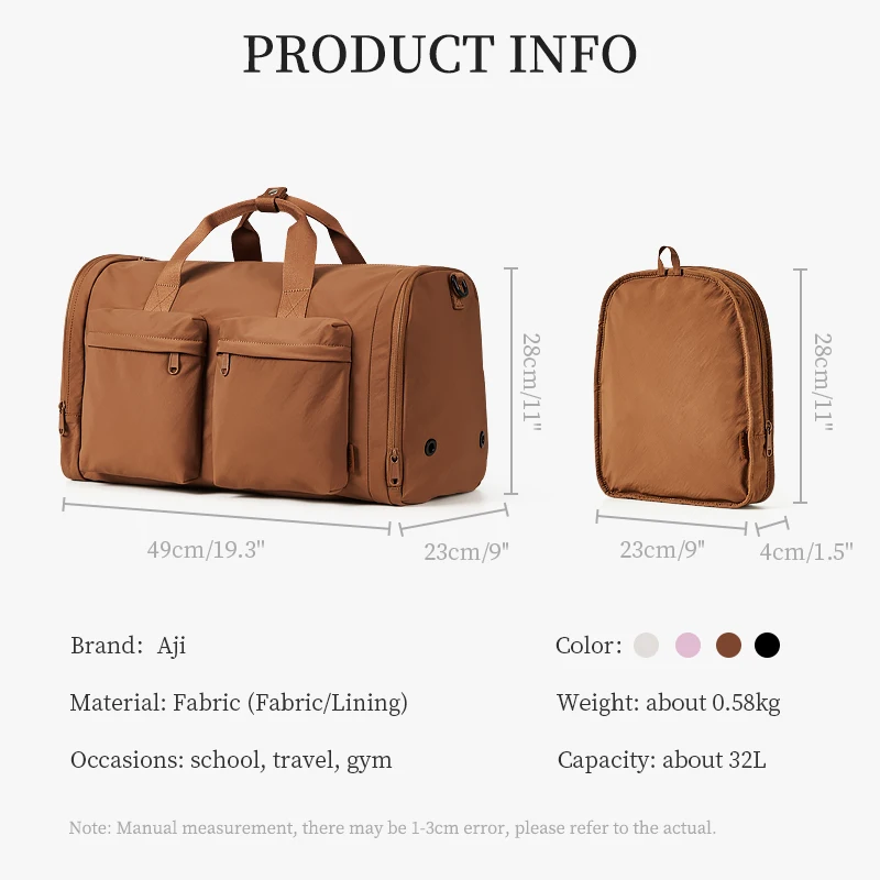 AJI Travel Bag Convertible Travel Handbag Women Lightweight Large Capacity 32L Carry-On Bag with Independent Shoe Compartmen