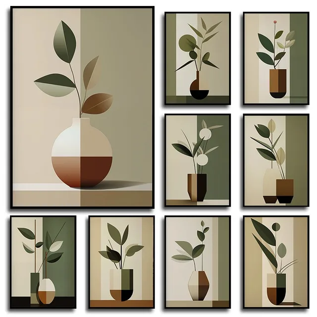 Minimalism Bohe Zen Houseplant Neutral Green Leaf Vase Posters and Prints Canvas Printing Wall Art Picture for Living Room Decor