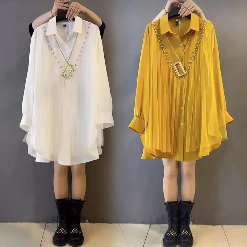 

Женская шифоновая блузка с длинным рукавом, однотонная Модная рубашка большого размера с кружевом в Корейском стиле, офисные свободные туники, весна-осень
