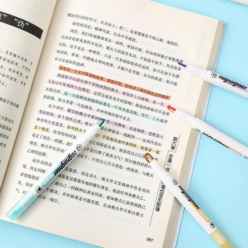 독특한 창 팁 하이라이터 펜, 더블 헤드 파스텔 컬러, 미들 라인 하이라이터 마커, 학교 문구 용품, 6 가지 색상/세트