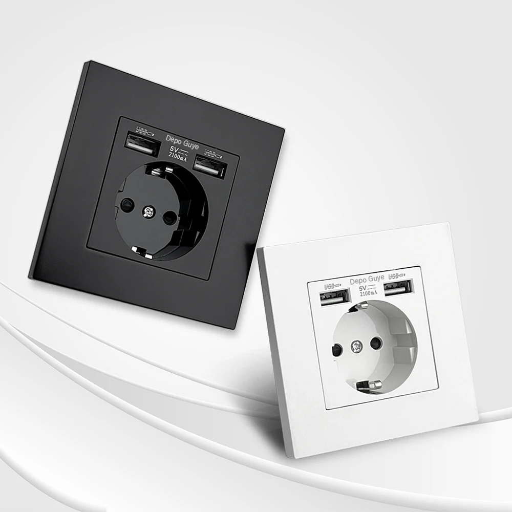 EU Standard Double USB Wall Power Socket,Electrical Socket Wall Plug with Type-c Usb Fast Charing Port 16A PC Panel Outlet 220V