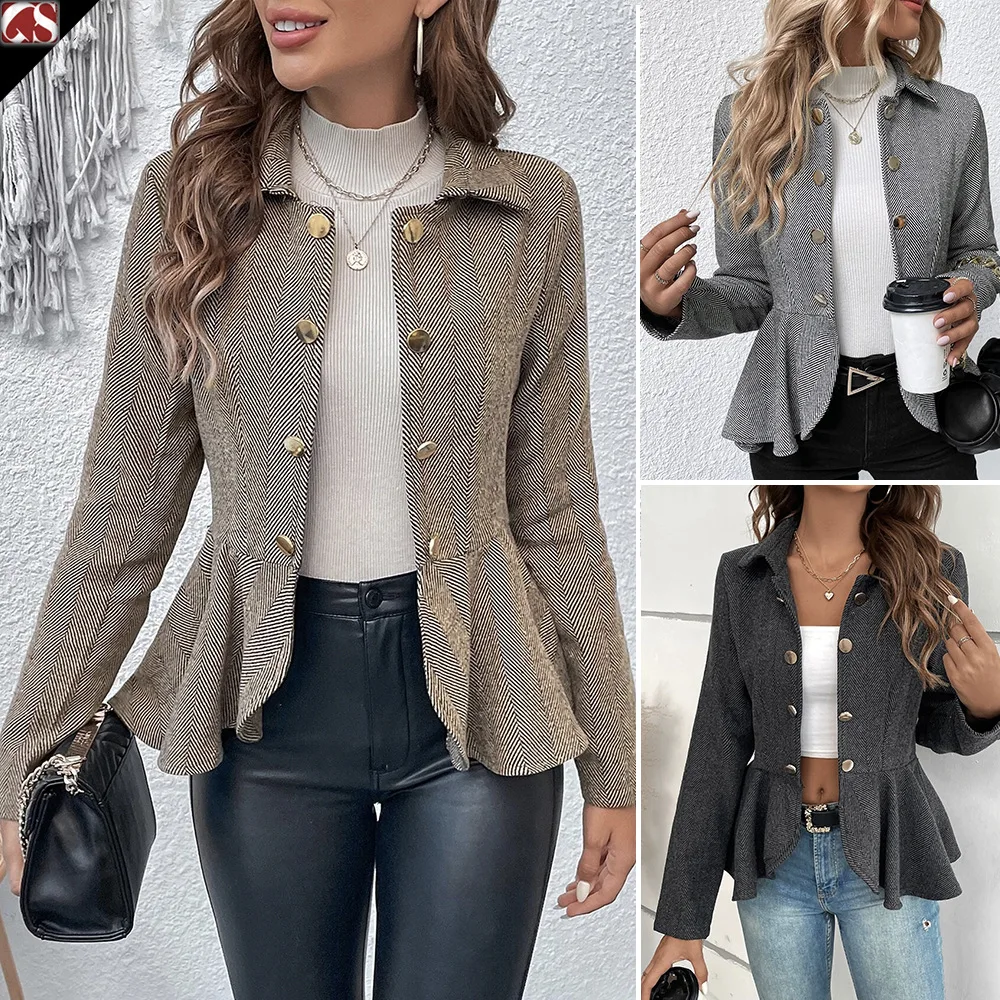 

Autumn 2023 Women's Fashion Commuter Polo Collar Jacquard Ruffle Edge Slim Fit Double Breasted Temperament Office Suit Coat